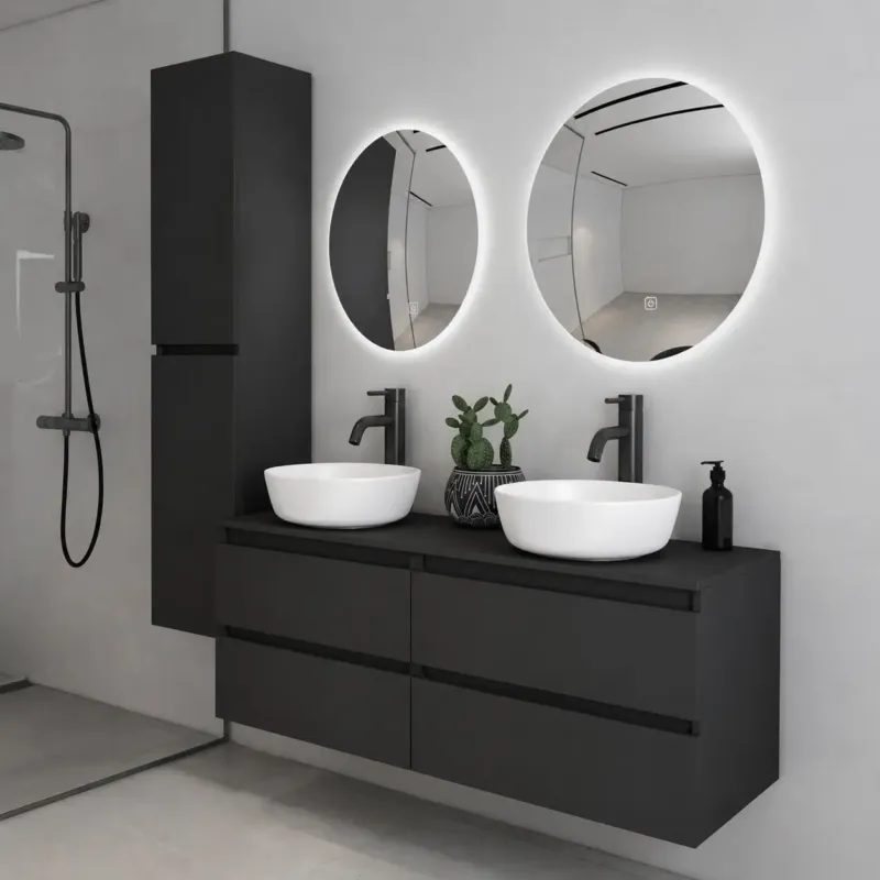 Fontana Proma badkamermeubel 160cm met mat witte waskommen en LED spiegels zwart mat Beperkte Voorraad