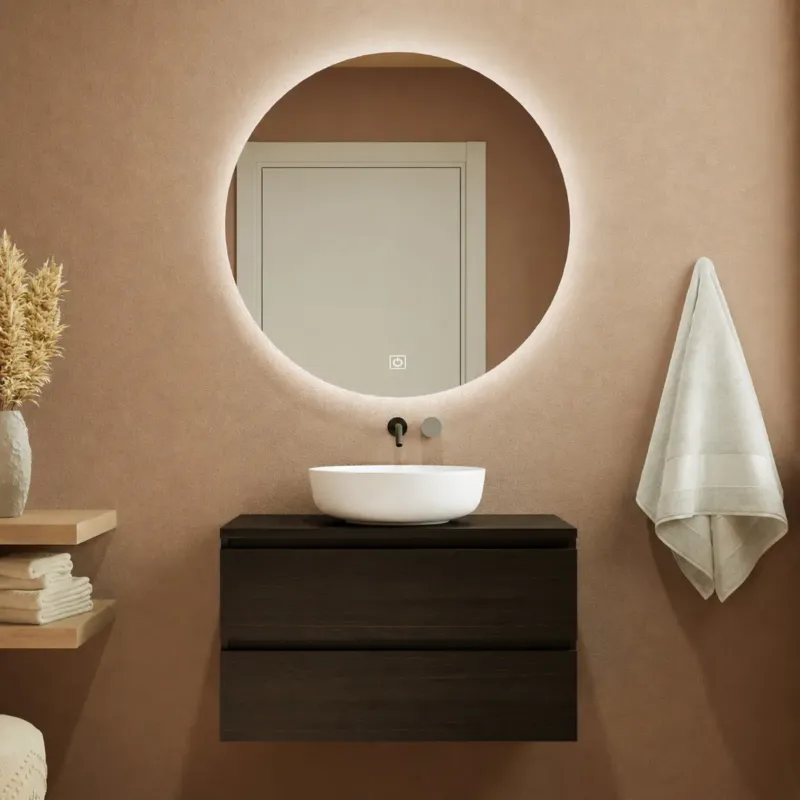 Hete Deal Fontana Proma badkamermeubel 100cm met witte waskom en LED spiegel kasteel bruin