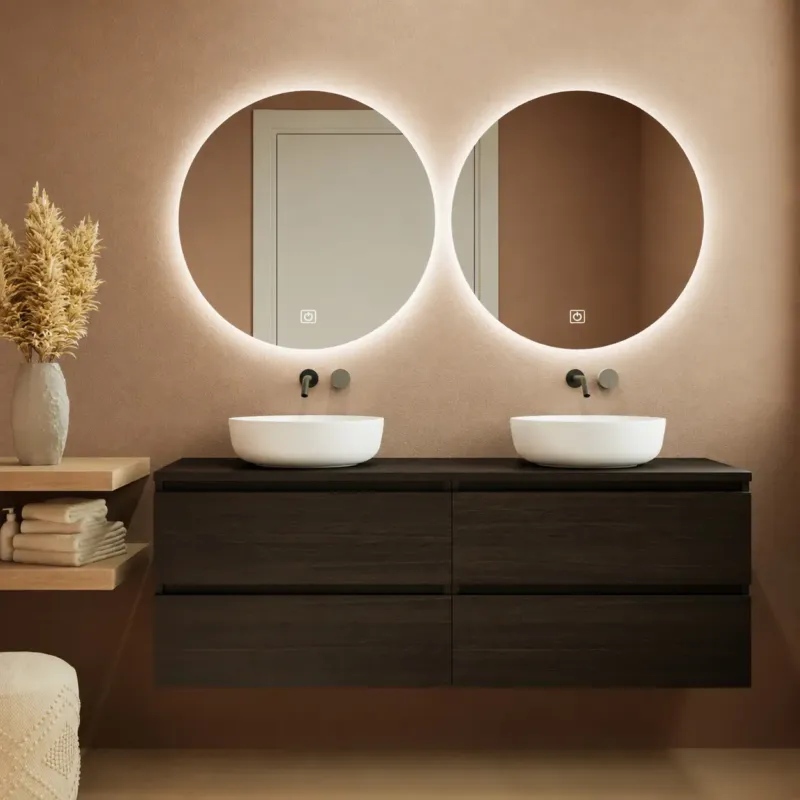 Actieprijs Fontana Proma badkamermeubel 160cm met witte waskommen en LED spiegels kasteel bruin