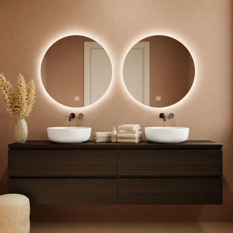 Fontana Proma badkamermeubel 200cm met witte waskommen en LED spiegels kasteel bruin Voordeelprijs