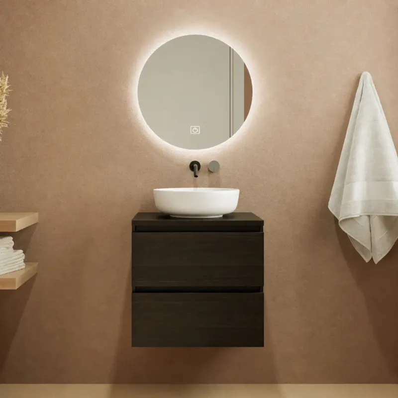 Nieuw Fontana Proma badkamermeubel 60cm met mat witte waskom en LED spiegel kasteel bruin