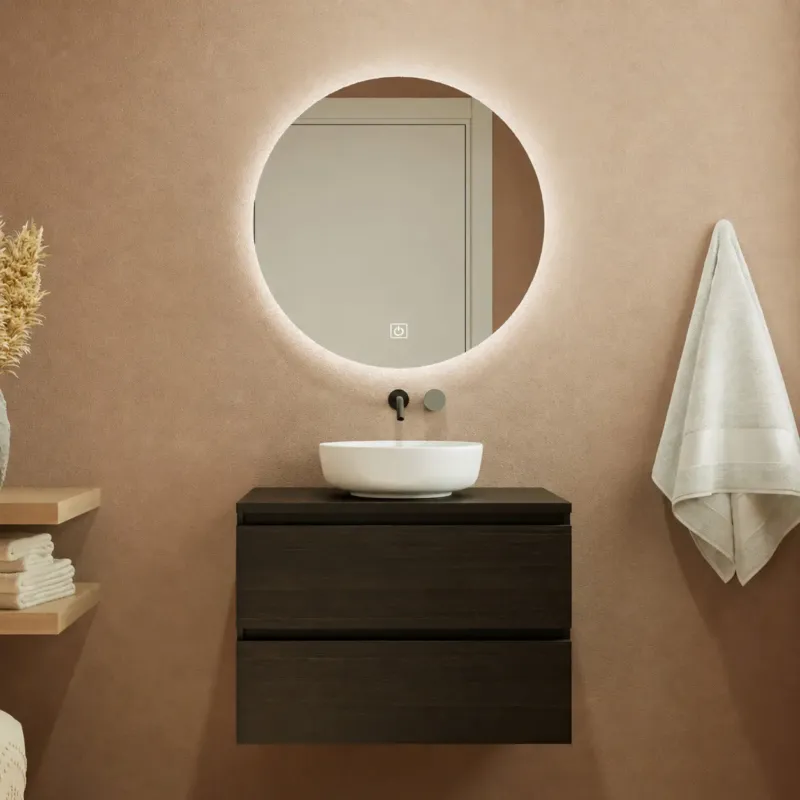 Tijdelijk Beschikbaar Fontana Proma badkamermeubel 80cm met mat witte waskom en LED spiegel kasteel bruin