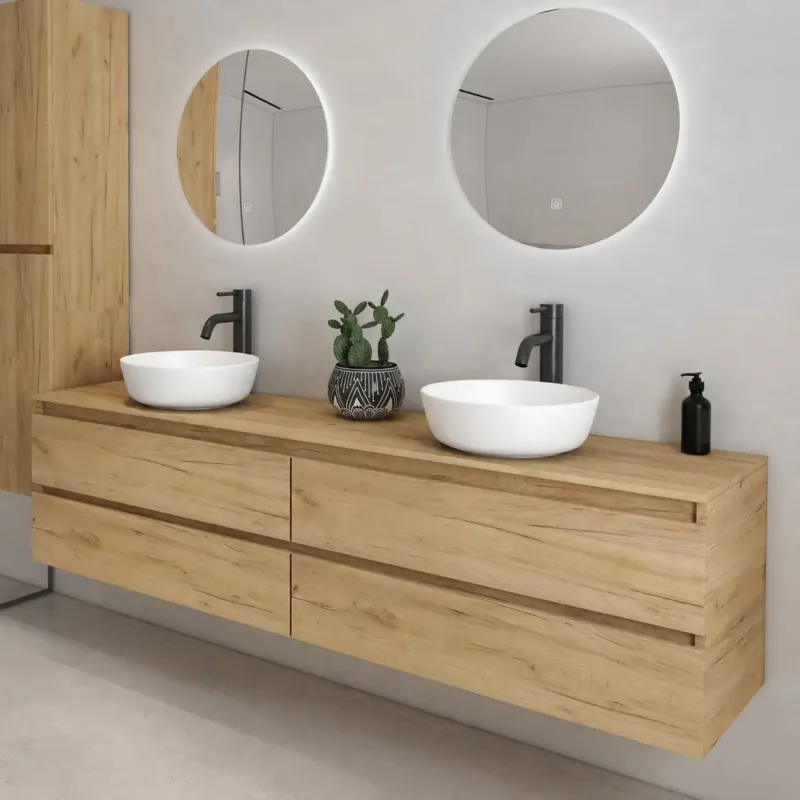 Fontana Proma badmeubel 200cm met witte waskommen warm eiken Bestseller