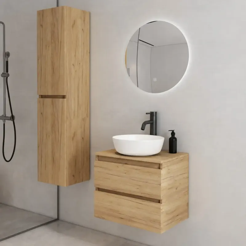 Fontana Proma badkamermeubel 60cm met witte waskom en LED spiegel warm eiken Gratis Retour