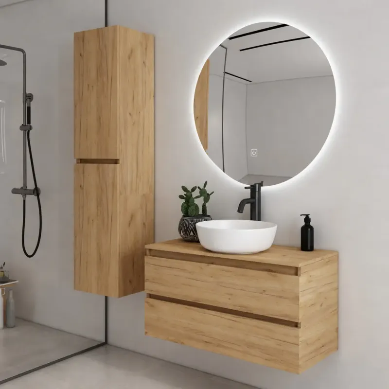 Tijdelijk Beschikbaar Fontana Proma badkamermeubel 100cm met witte waskom en LED spiegel warm eiken