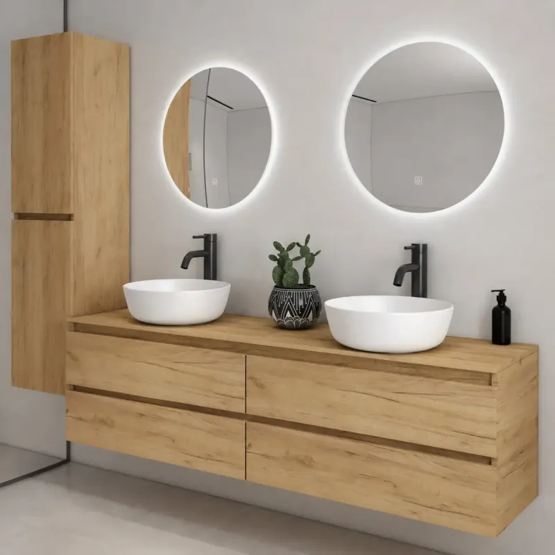 Speciale Aanbieding Fontana Proma badkamermeubel 200cm met witte waskommen en LED spiegels warm eiken
