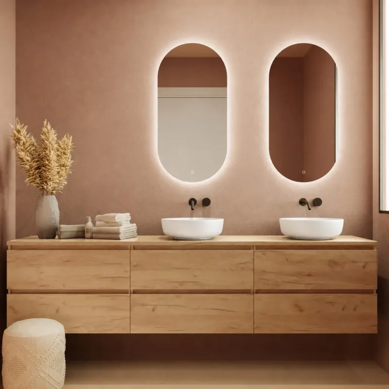 Veilige Betaling Fontana Proma badkamermeubel 240cm met witte waskommen en LED spiegels warm eiken