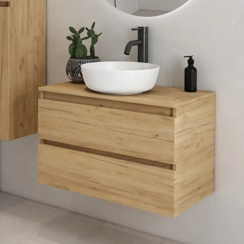 Rechtstreeks Van De Fabrikant Fontana Proma badmeubel 80cm met mat witte waskom warm eiken
