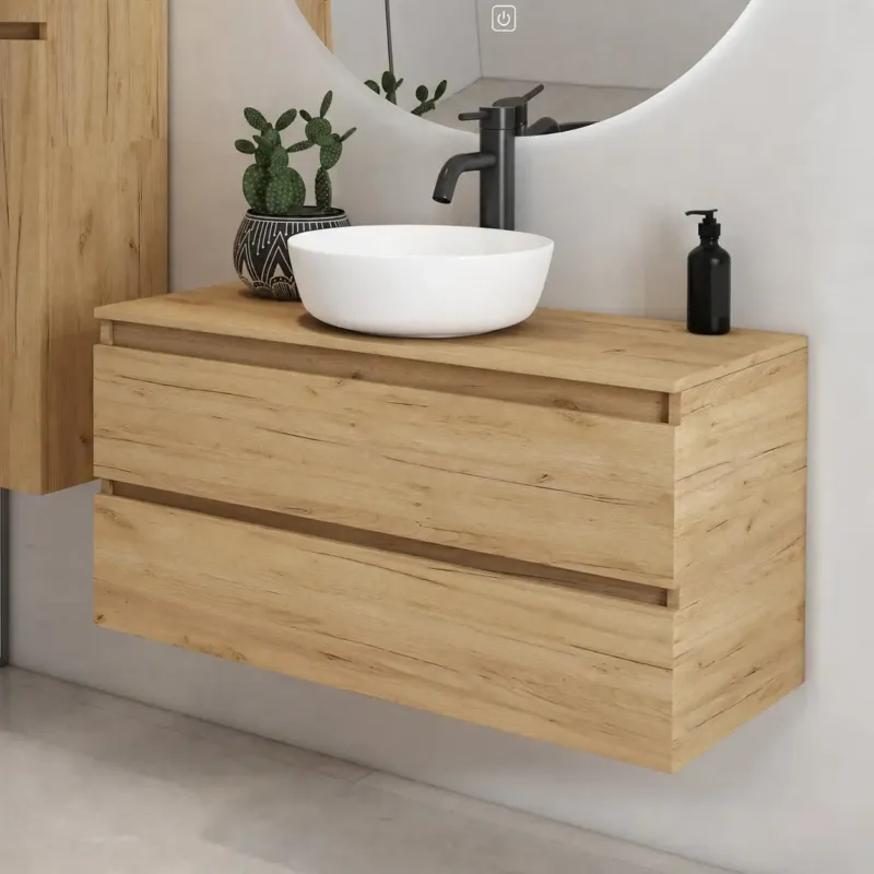 Koopje Fontana Proma badmeubel 100cm met mat witte waskom warm eiken