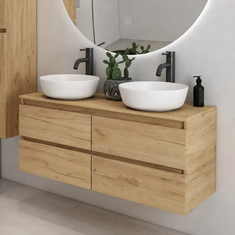 Fontana Proma badmeubel 120cm met mat witte waskommen warm eiken Tijdelijk Beschikbaar