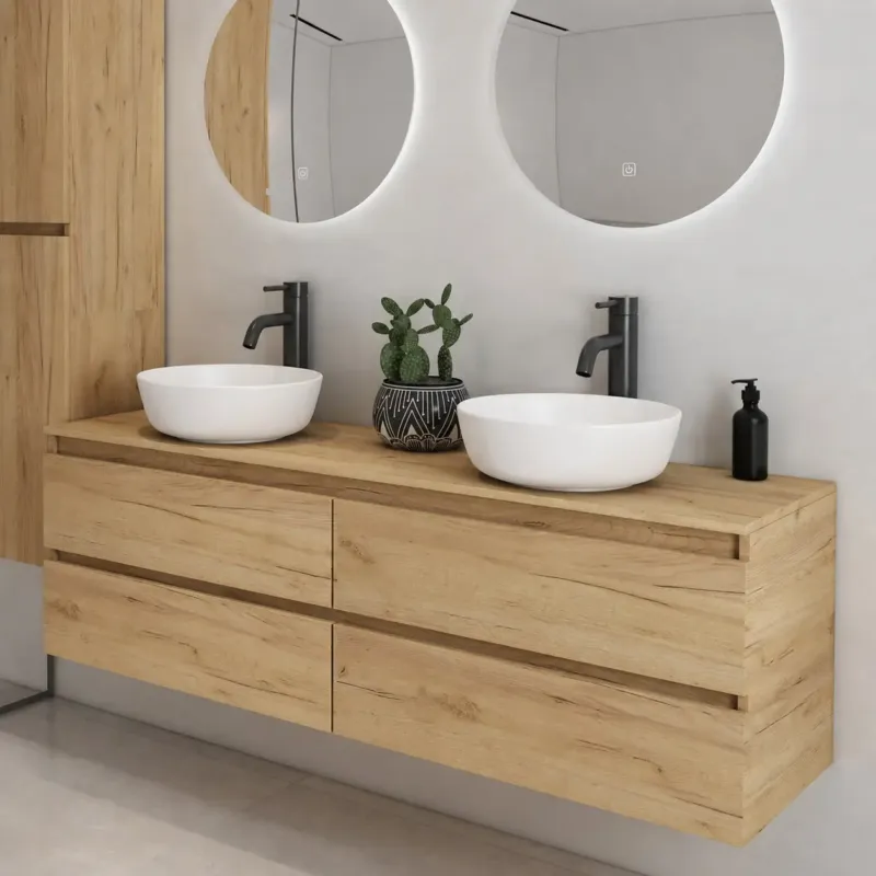 Uitverkoop Fontana Proma badmeubel 160cm met mat witte waskommen warm eiken
