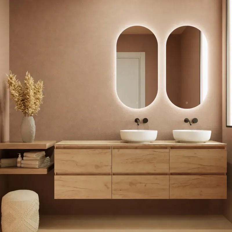Fontana Proma badmeubel 180cm met mat witte waskommen warm eiken Aanbieding