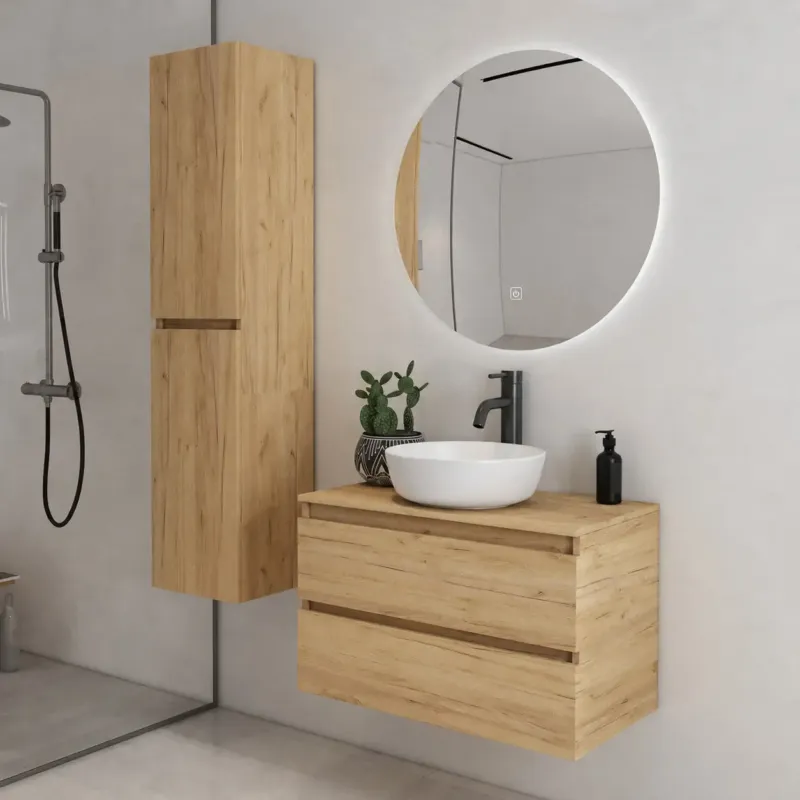 Voordeelprijs Fontana Proma badkamermeubel 80cm met mat witte waskom en LED spiegel warm eiken