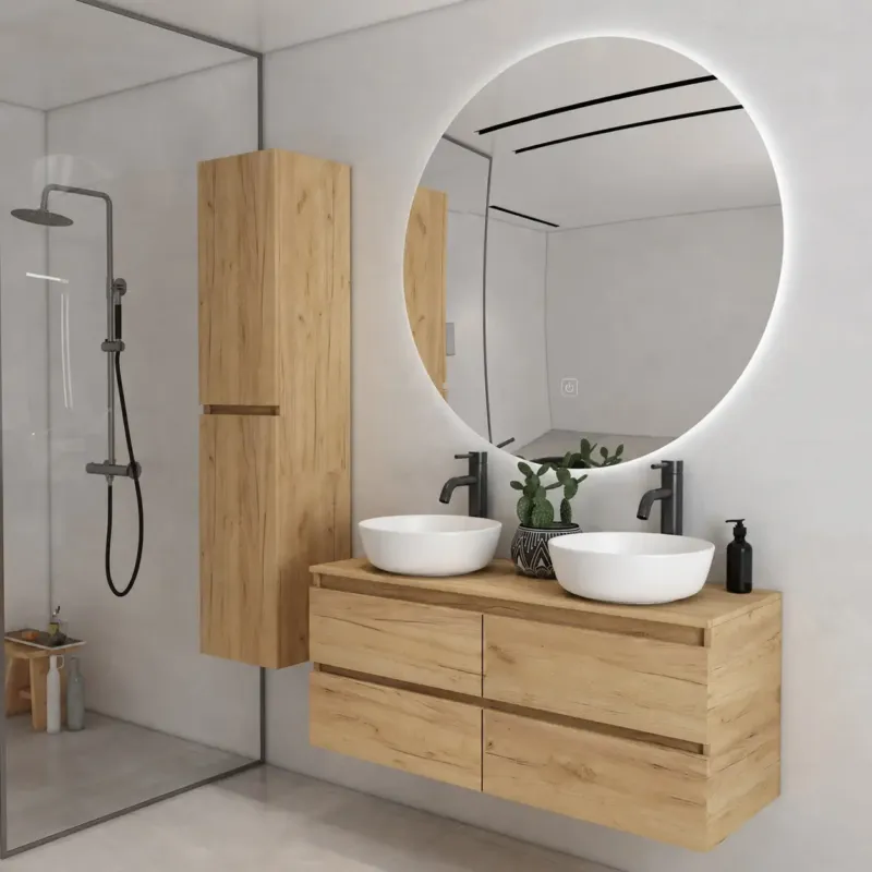 Fontana Proma badkamermeubel 120cm met mat witte waskommen en LED spiegel warm eiken Premium