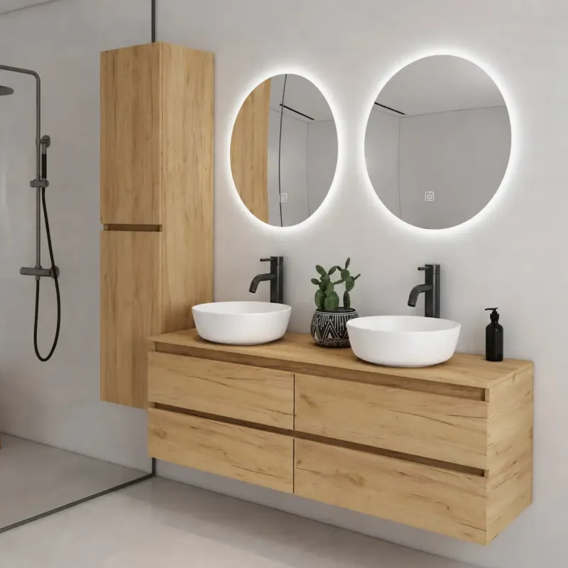 Favoriet Fontana Proma badkamermeubel 160cm met mat witte waskommen en LED spiegels warm eiken