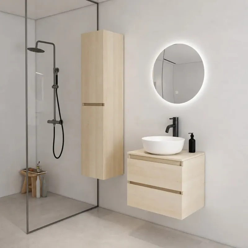 Fontana Proma badkamermeubel 60cm met witte waskom en LED spiegel beach eiken Flitsaanbieding