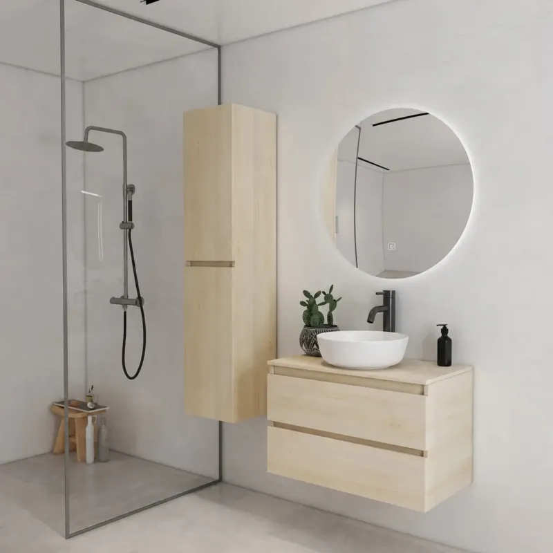 Op = Op Fontana Proma badkamermeubel 80cm met witte waskom en LED spiegel beach eiken