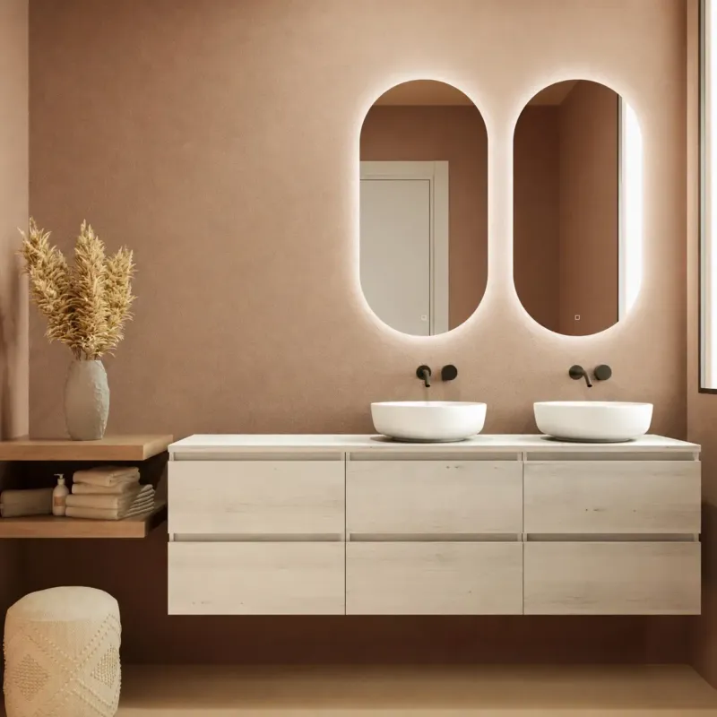 Favoriet Fontana Proma badkamermeubel 180cm met witte waskommen en LED spiegels beach eiken
