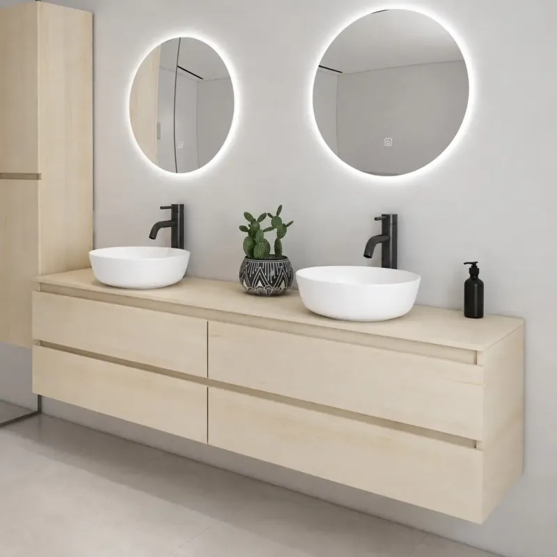 Laatste Versie Fontana Proma badmeubel 200cm met mat witte waskommen beach eiken