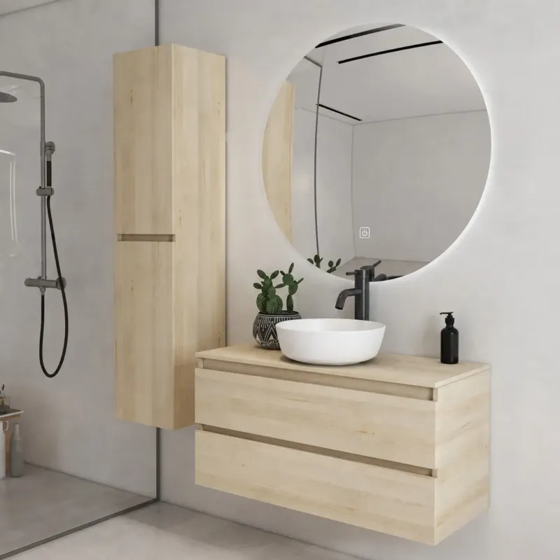 Fabrieksprijs Fontana Proma badkamermeubel 100cm met mat witte waskom en LED spiegel beach eiken