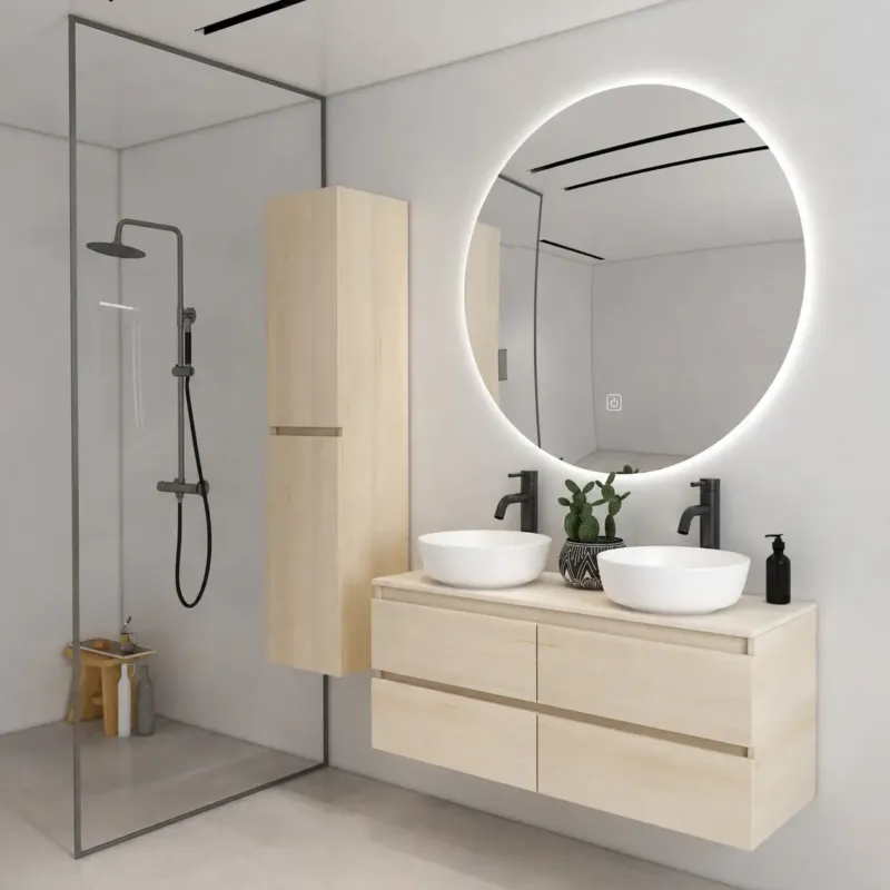 Korting Fontana Proma badkamermeubel 120cm met mat witte waskommen en LED spiegel beach eiken
