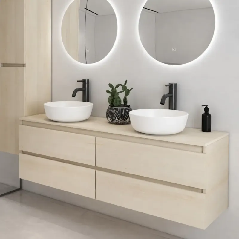 Fontana Proma badkamermeubel 160cm met mat witte waskommen en LED spiegels beach eiken Betaalbaar
