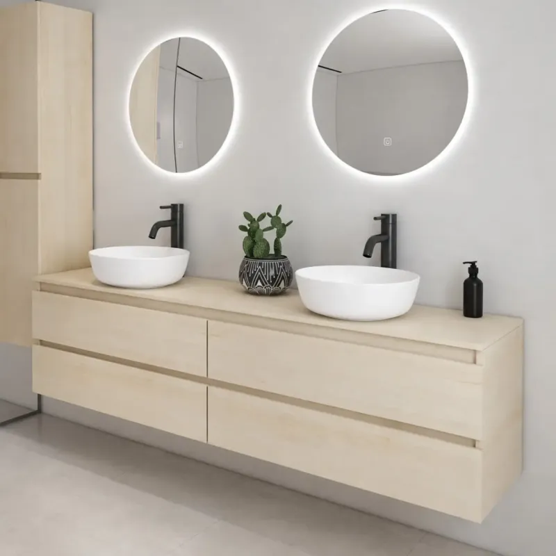 Seizoensaanbieding Fontana Proma badkamermeubel 200cm met mat witte waskommen en LED spiegels beach eiken