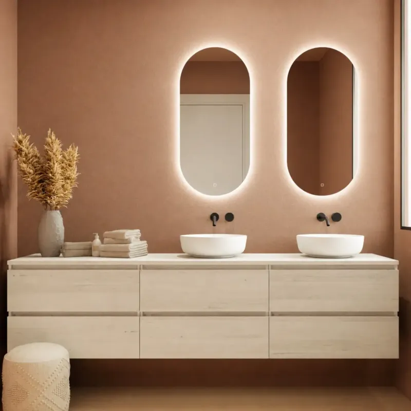 Fontana Proma badkamermeubel 240cm met mat witte waskommen en LED spiegels beach eiken Betrouwbaar