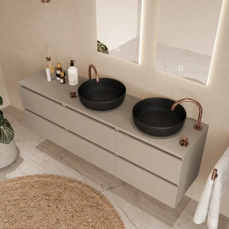 Fontana Proma badmeubel 180cm met zwarte waskommen taupe Tijdelijk Beschikbaar