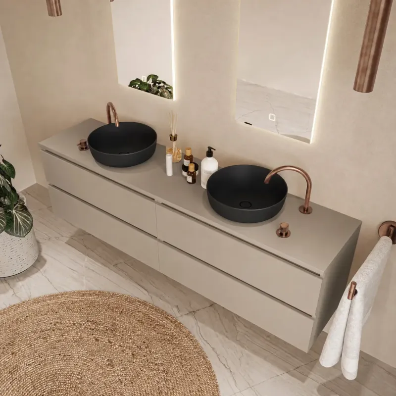 Fontana Proma badmeubel 200cm met zwarte waskommen taupe Favoriet