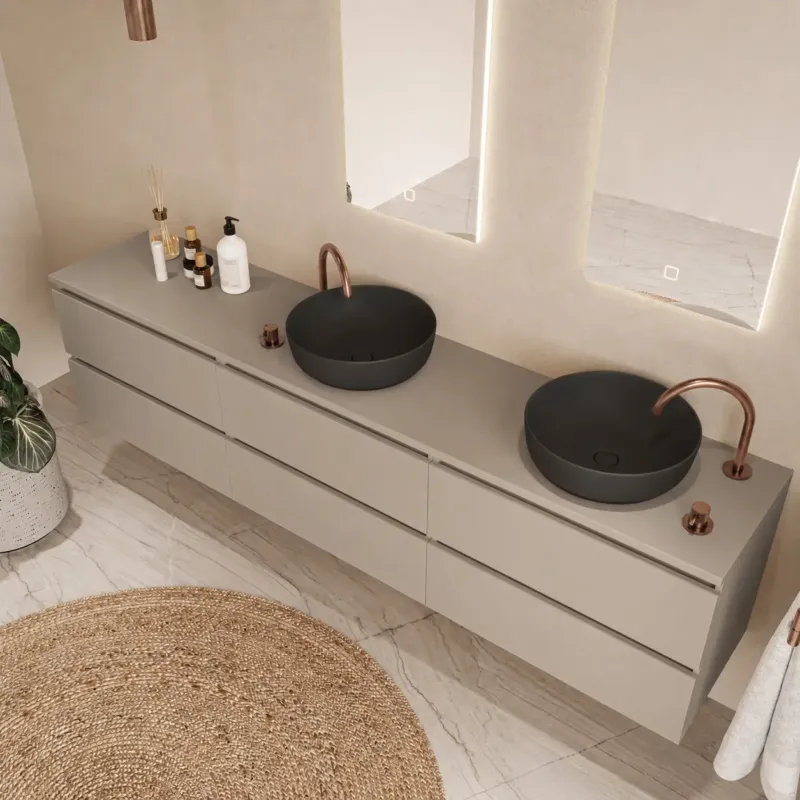 Fontana Proma badmeubel 240cm met zwarte waskommen taupe Gratis Retour
