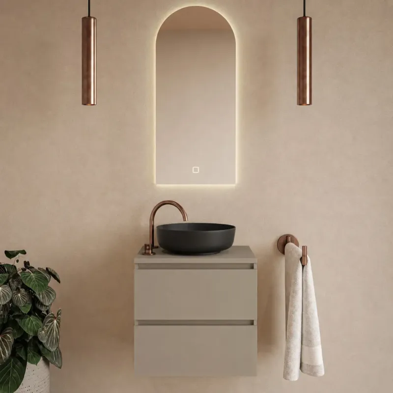 Fontana Proma badkamermeubel 60cm met zwarte waskom en LED spiegel taupe Goedkoop