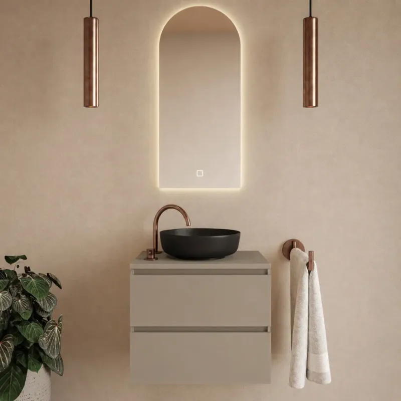 Fontana Proma badkamermeubel 80cm met zwarte waskom en LED spiegel taupe Nu Kopen