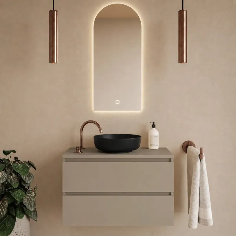 Superprijs Fontana Proma badkamermeubel 100cm met zwarte waskom en LED spiegel taupe