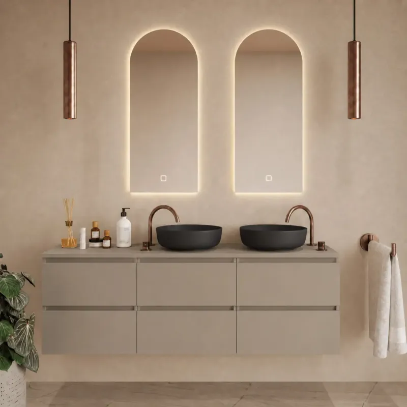 Lage Prijs Fontana Proma badkamermeubel 180cm met zwarte waskommen en LED spiegels taupe