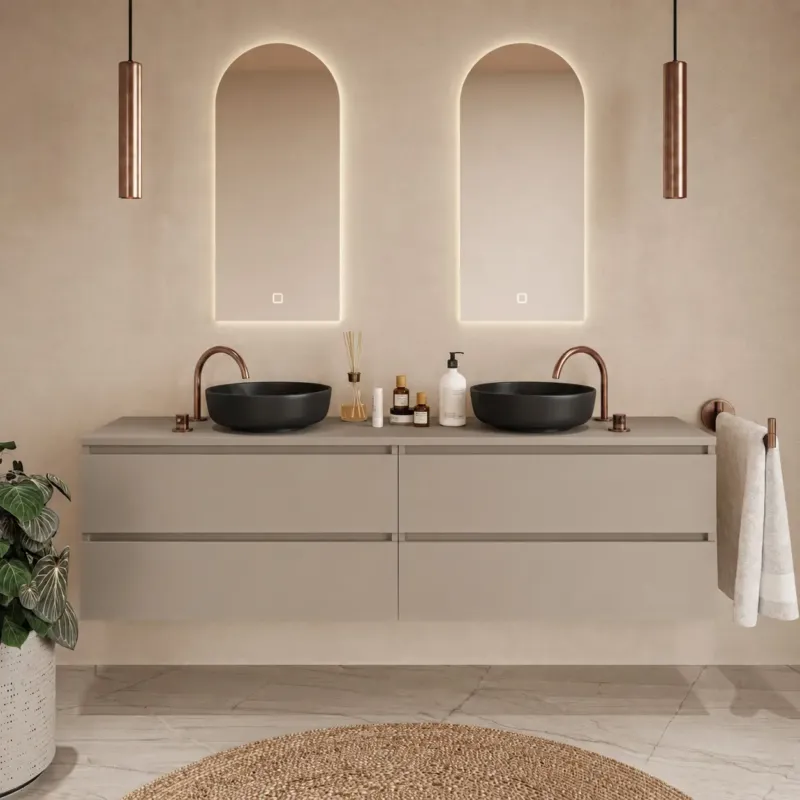 Gereduceerde Prijs Fontana Proma badkamermeubel 200cm met zwarte waskommen en LED spiegels taupe