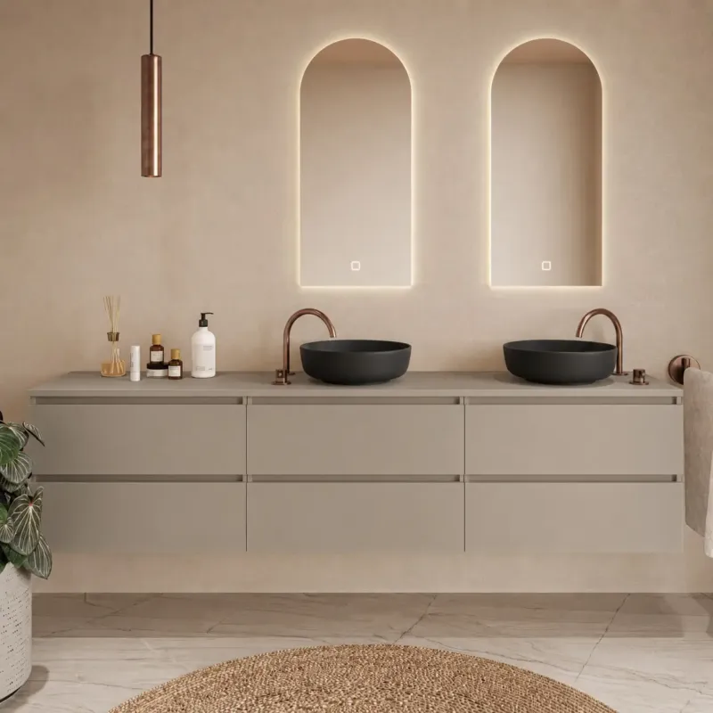 Lage Prijs Fontana Proma badkamermeubel 240cm met zwarte waskommen en LED spiegels taupe