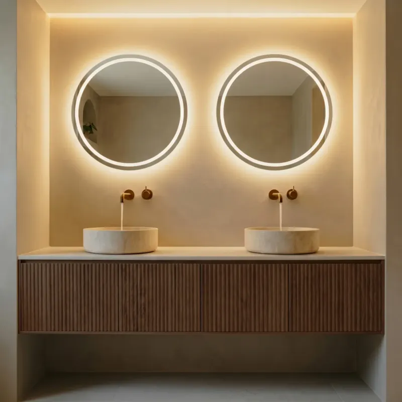 Betrouwbaar Gliss Design Travertin badmeubel 160cm walnut ribbelfront met waskommen en toppaneel