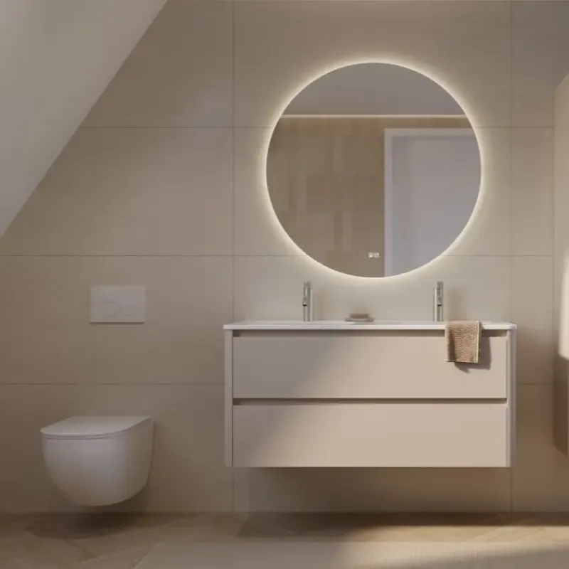 Hete Deal Thebalux Exclusief Sunny greeploze badmeubelset 120cm met afgeronde zijdes taupe licht