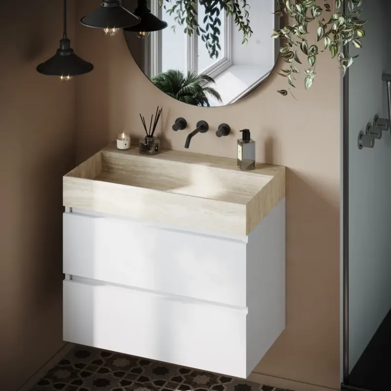 Rechtstreeks Van De Fabrikant Fontana White Travertin badkamermeubel mat wit 80cm zonder kraangat