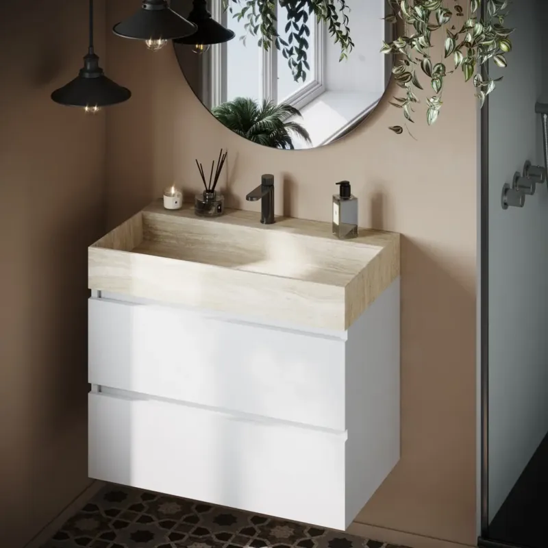 Beperkt Aanbod Fontana White Travertin badkamermeubel mat wit 80cm met kraangat