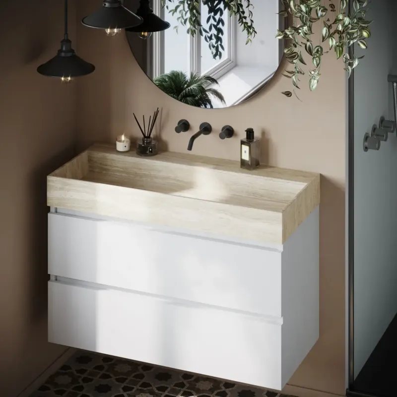 Fontana White Travertin badkamermeubel mat wit 100cm zonder kraangat Korting