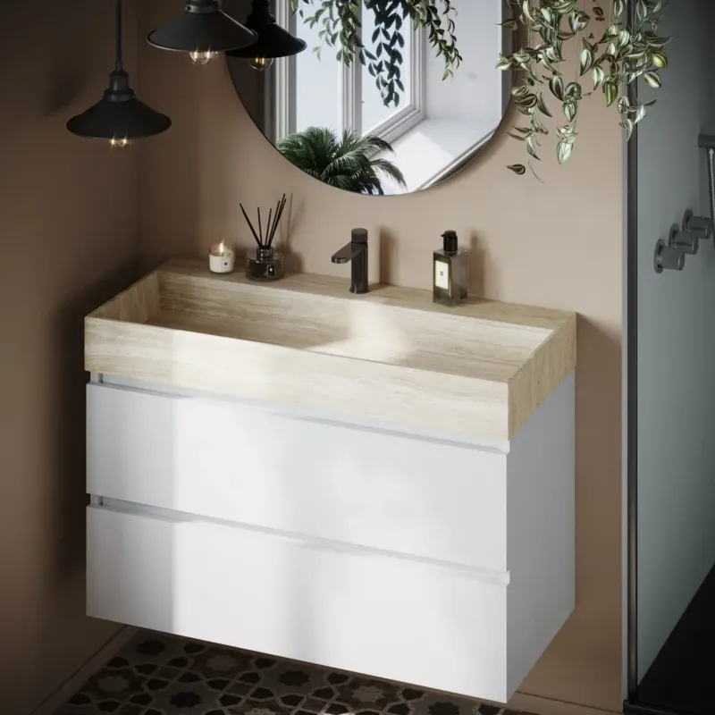 Beperkte Voorraad Fontana White Travertin badkamermeubel mat wit 100cm met kraangat