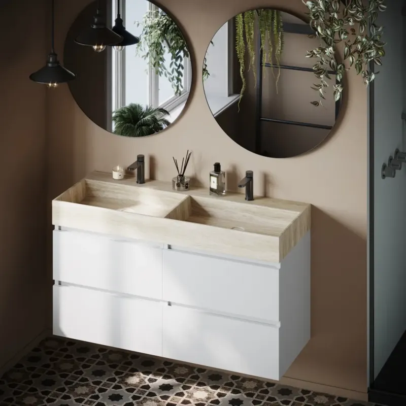 Meest Verkocht Fontana White Travertin badkamermeubel mat wit 120cm met 2 kraangaten