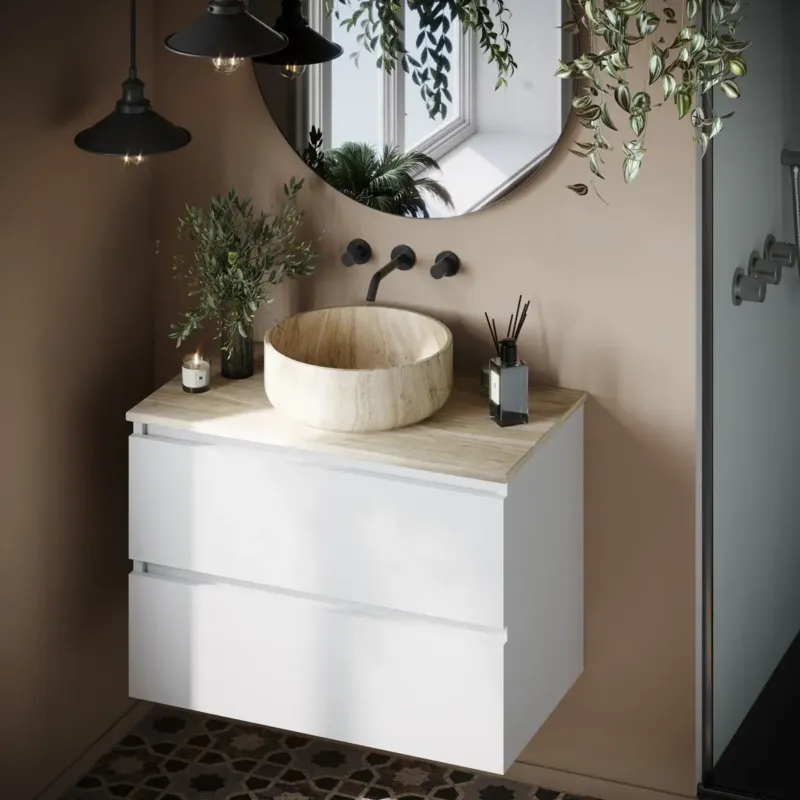 Speciale Aanbieding Fontana White Travertin mat wit wastafelmeubel 80cm met toppaneel en ronde waskom
