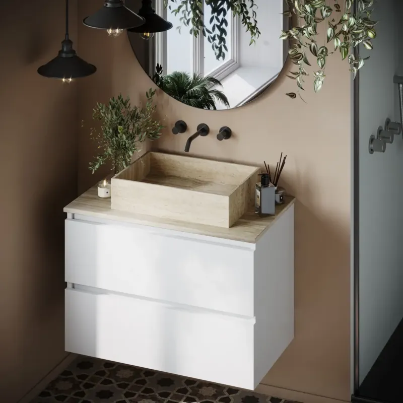 Flitsaanbieding Fontana White Travertin mat wit wastafelmeubel 80cm met toppaneel en rechthoekige waskom
