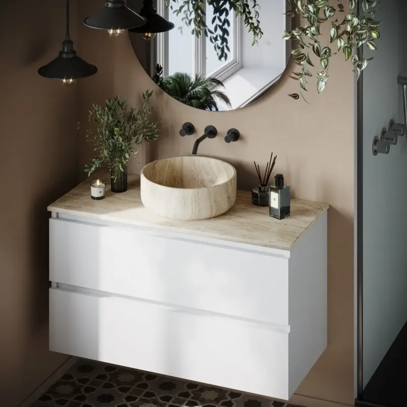 Populair Fontana White Travertin mat wit wastafelmeubel 100cm met toppaneel en ronde waskom