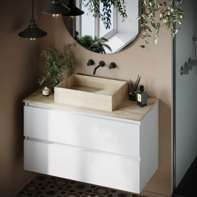 Aanbieding Fontana White Travertin mat wit wastafelmeubel 100cm met toppaneel en rechthoekige waskom