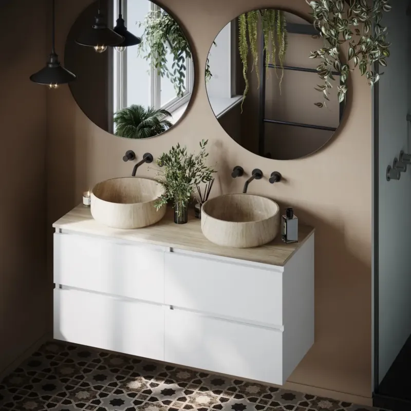 Gratis Retour Fontana White Travertin mat wit wastafelmeubel 120cm met toppaneel en ronde waskommen