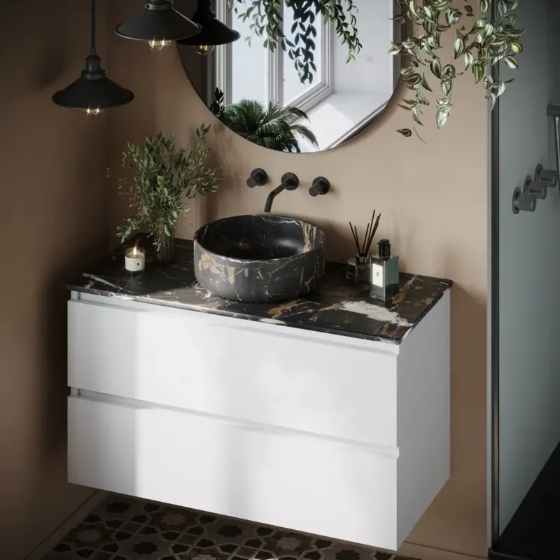 Snelle Levering Fontana Portoro Gold marmer mat wit wastafelmeubel 100cm met toppaneel en ronde waskom